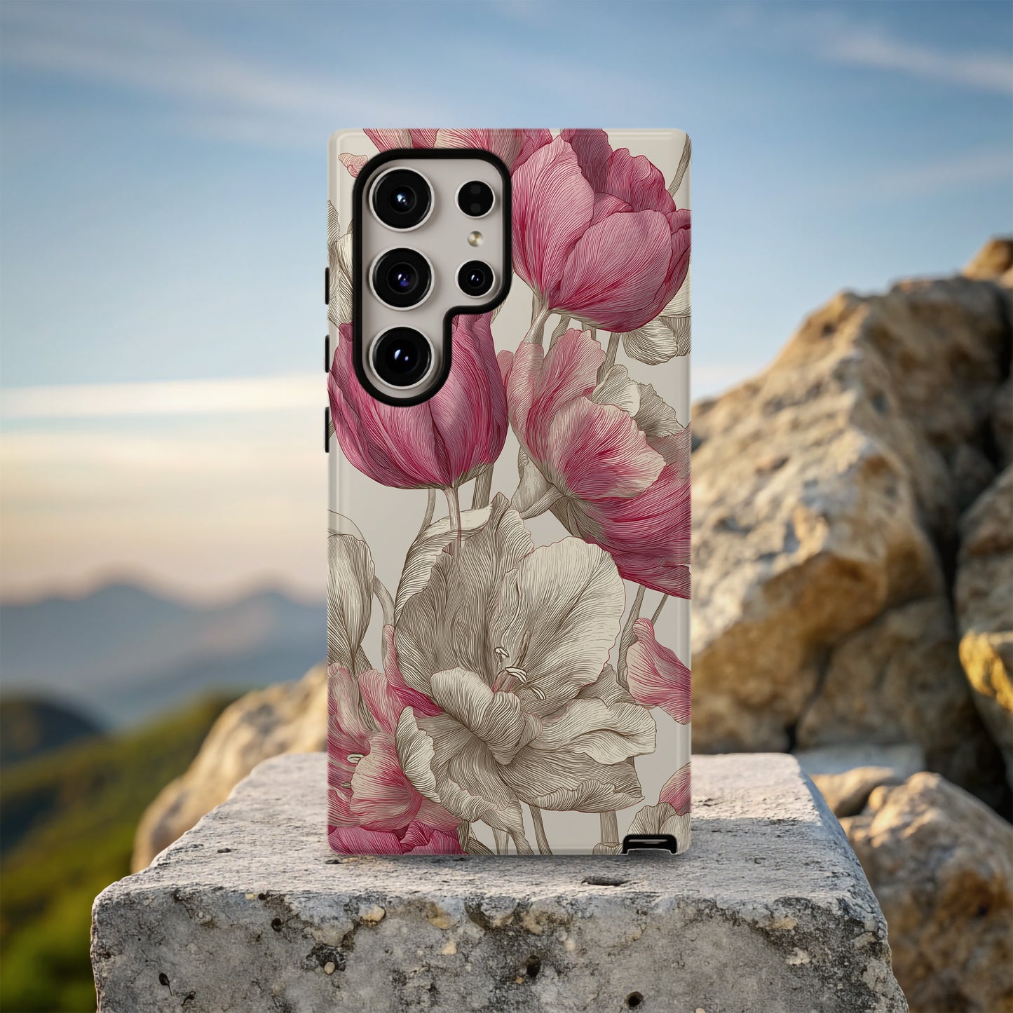 Heirloom Tulip Phone Case – Vintage Botanical Line Art in Blush & Sepia