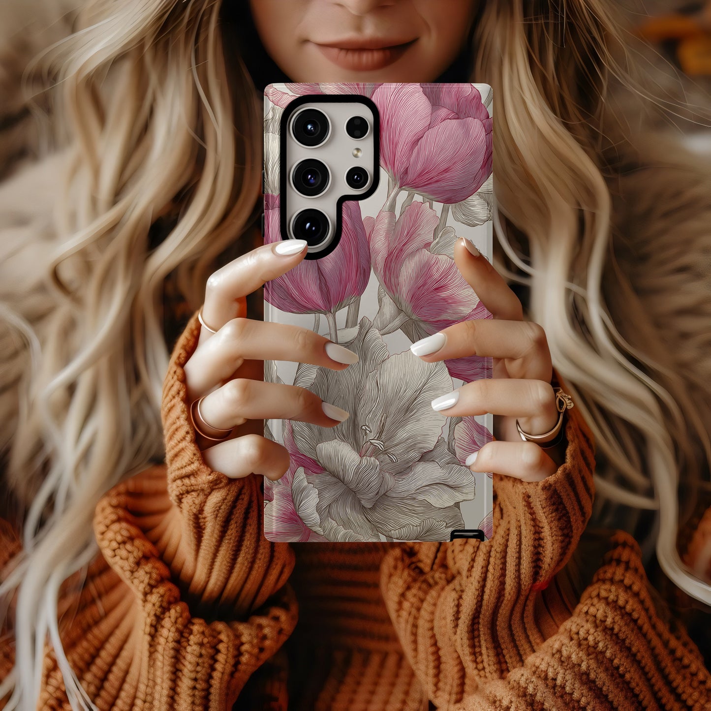 Heirloom Tulip Phone Case – Vintage Botanical Line Art in Blush & Sepia
