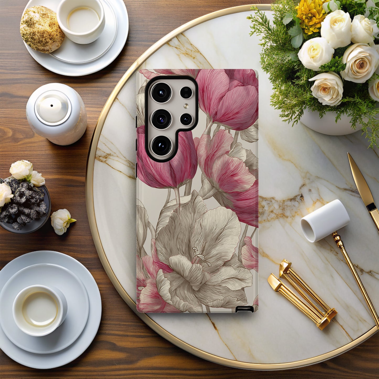 Heirloom Tulip Phone Case – Vintage Botanical Line Art in Blush & Sepia