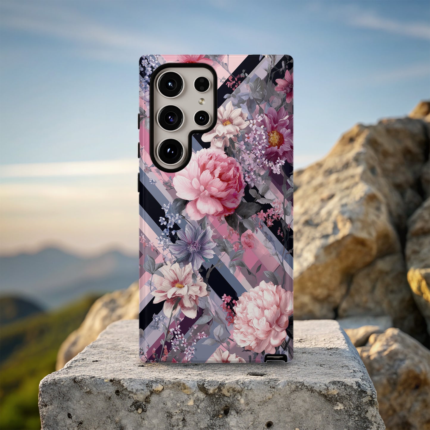 Blossom Grid Phone Case – Bold Florals on Pastel Diagonal Stripes