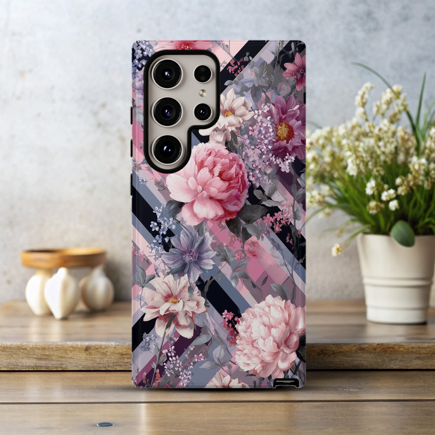Blossom Grid Phone Case – Bold Florals on Pastel Diagonal Stripes