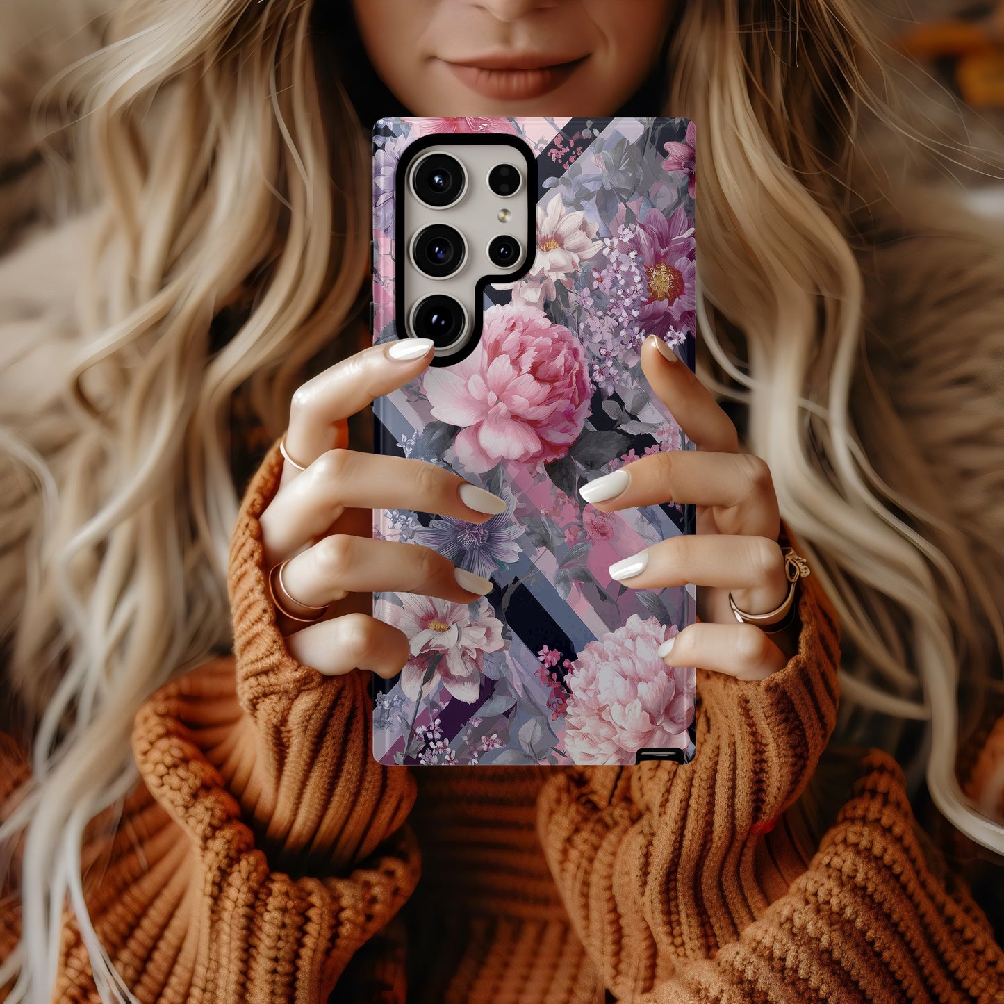 Blossom Grid Phone Case – Bold Florals on Pastel Diagonal Stripes