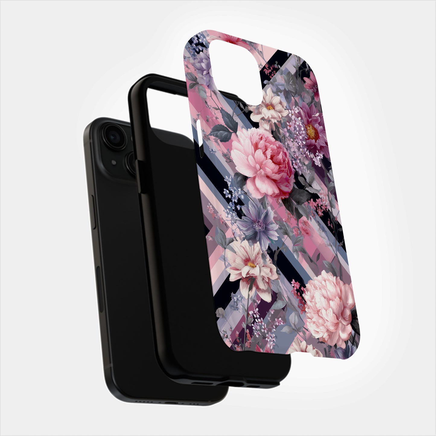 Blossom Grid Phone Case – Bold Florals on Pastel Diagonal Stripes