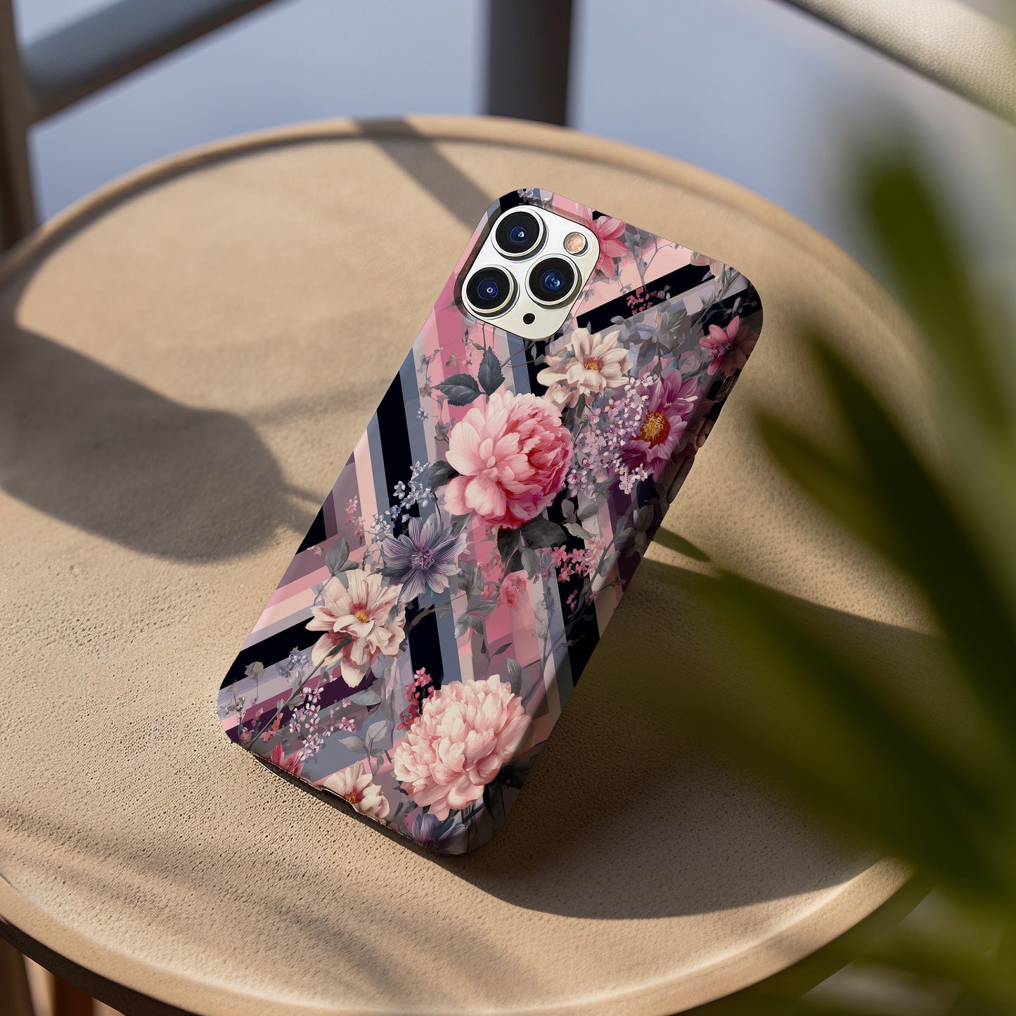 Blossom Grid Phone Case – Bold Florals on Pastel Diagonal Stripes