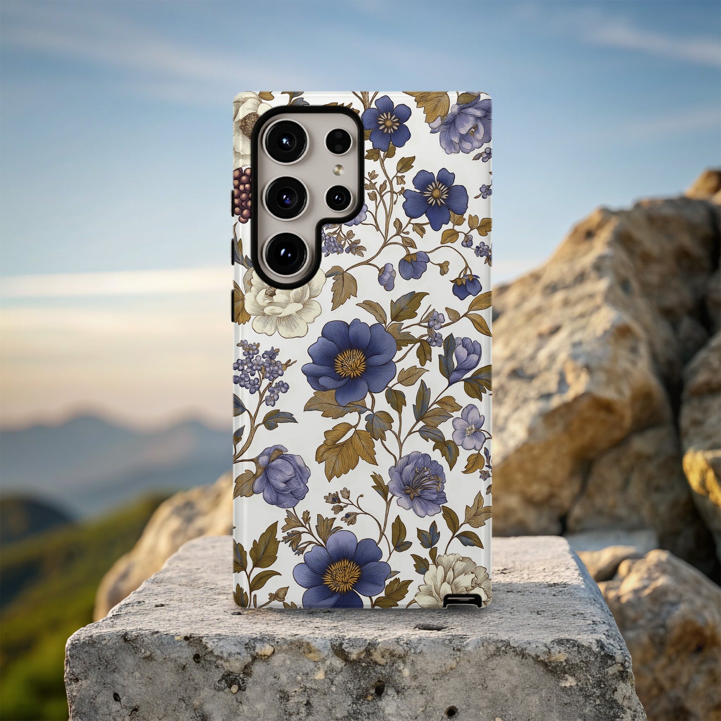 Midnight Garden Phone Case – Dusty Blue & Gold Floral Elegance