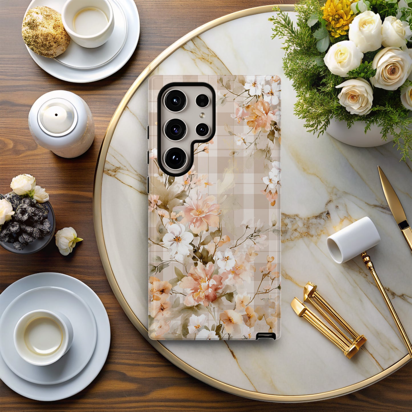 Vintage Bloom Gingham Phone Case – Soft Beige Botanical Elegance