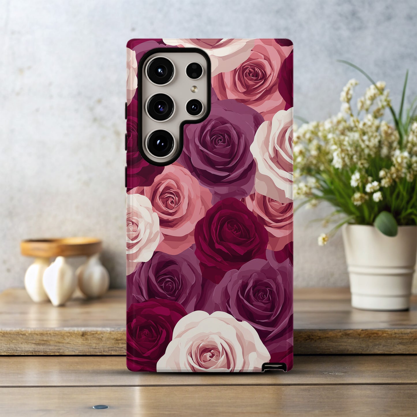 Bold Burgundy & Blush Rose Phone Case – Romantic Seamless Floral Art