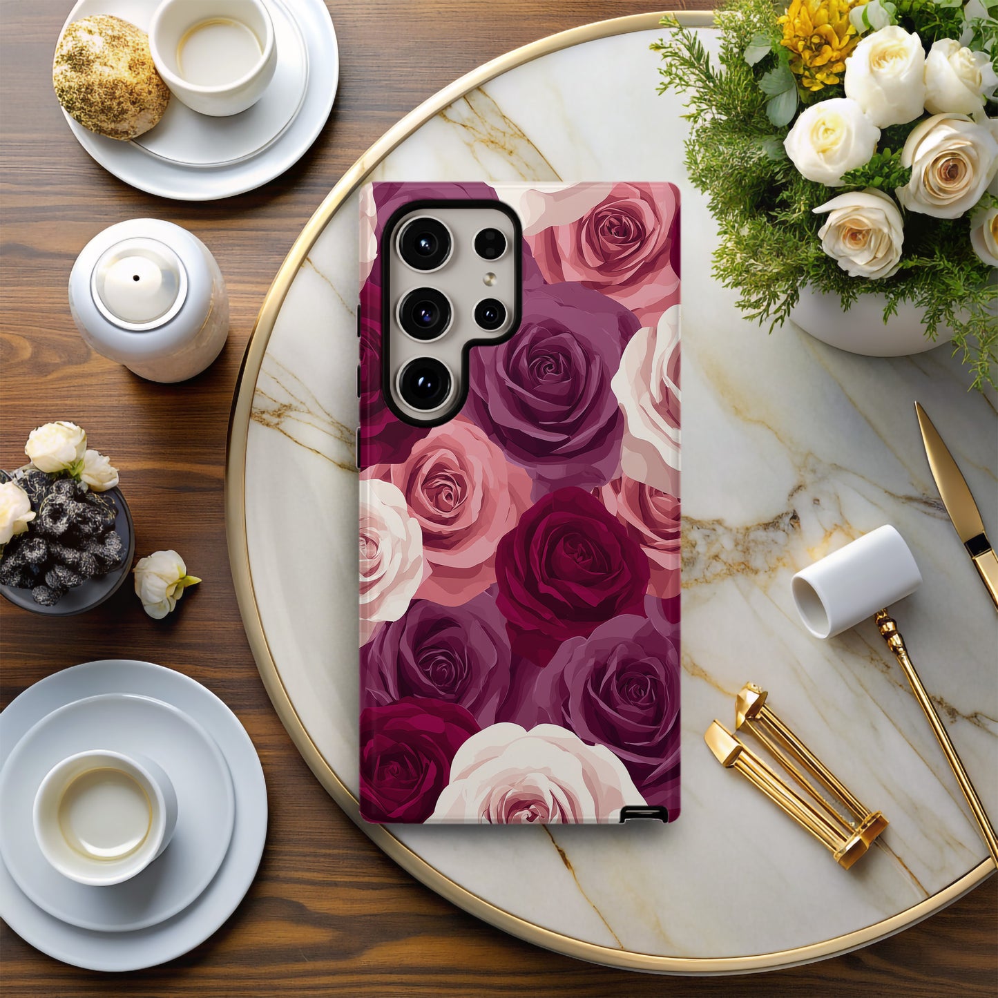 Bold Burgundy & Blush Rose Phone Case – Romantic Seamless Floral Art