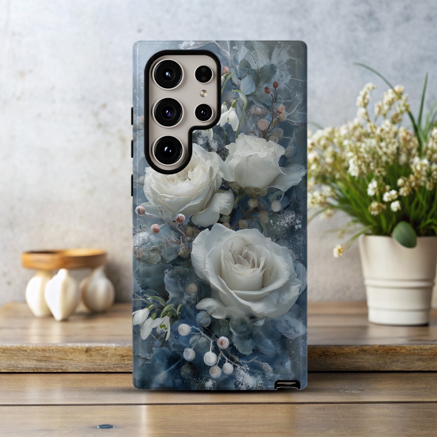 Winter Bloom Phone Case – White Roses, Snowdrops & Icy Blue Elegance