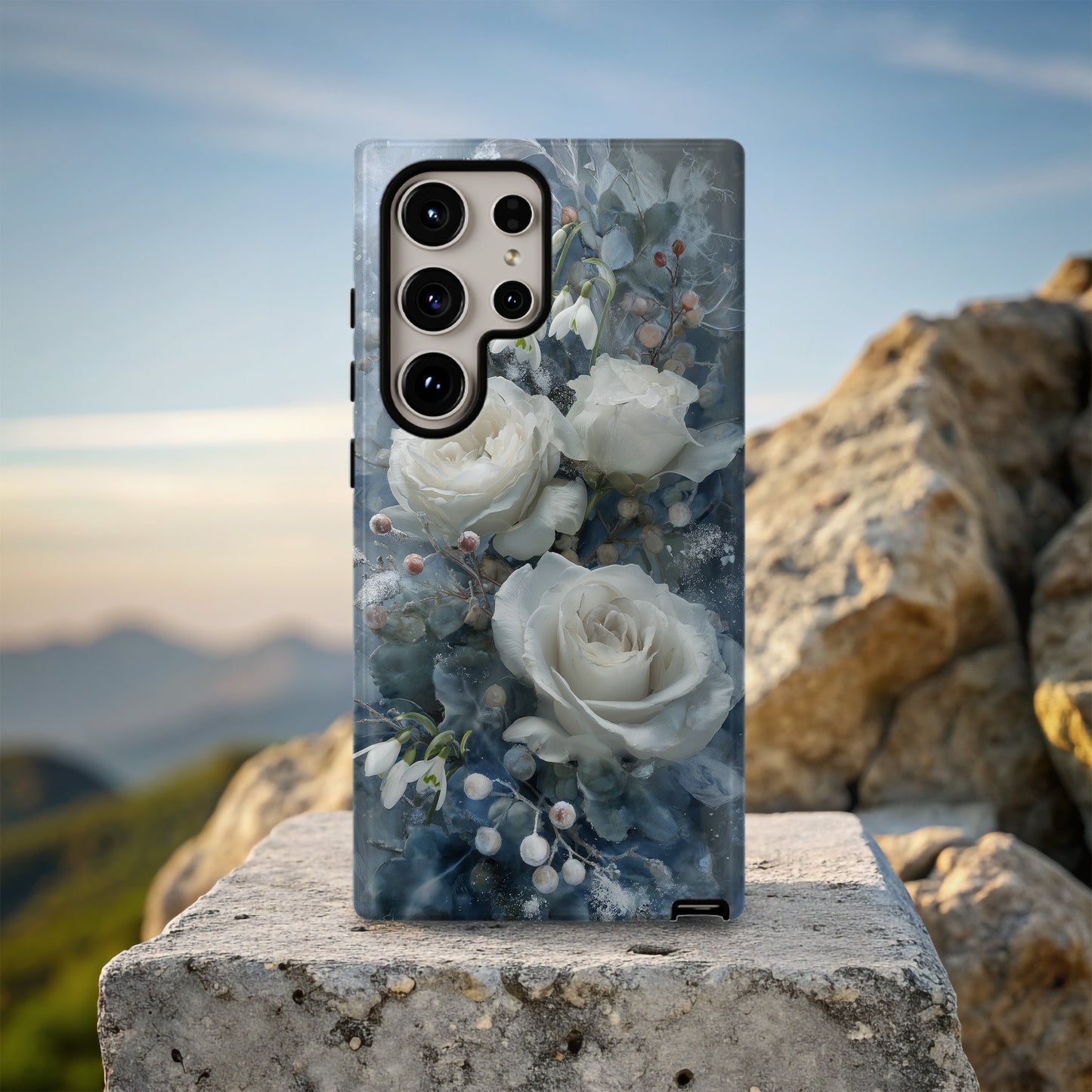 Winter Bloom Phone Case – White Roses, Snowdrops & Icy Blue Elegance