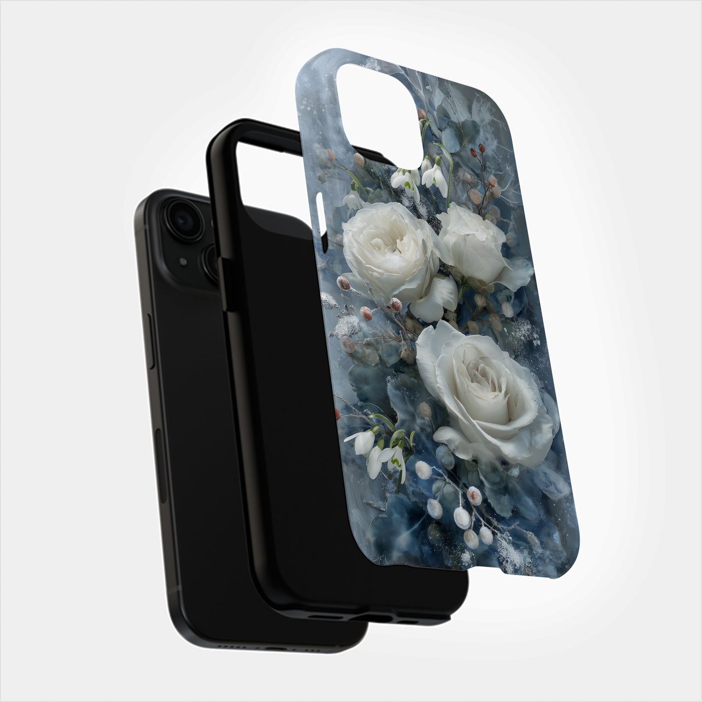 Winter Bloom Phone Case – White Roses, Snowdrops & Icy Blue Elegance