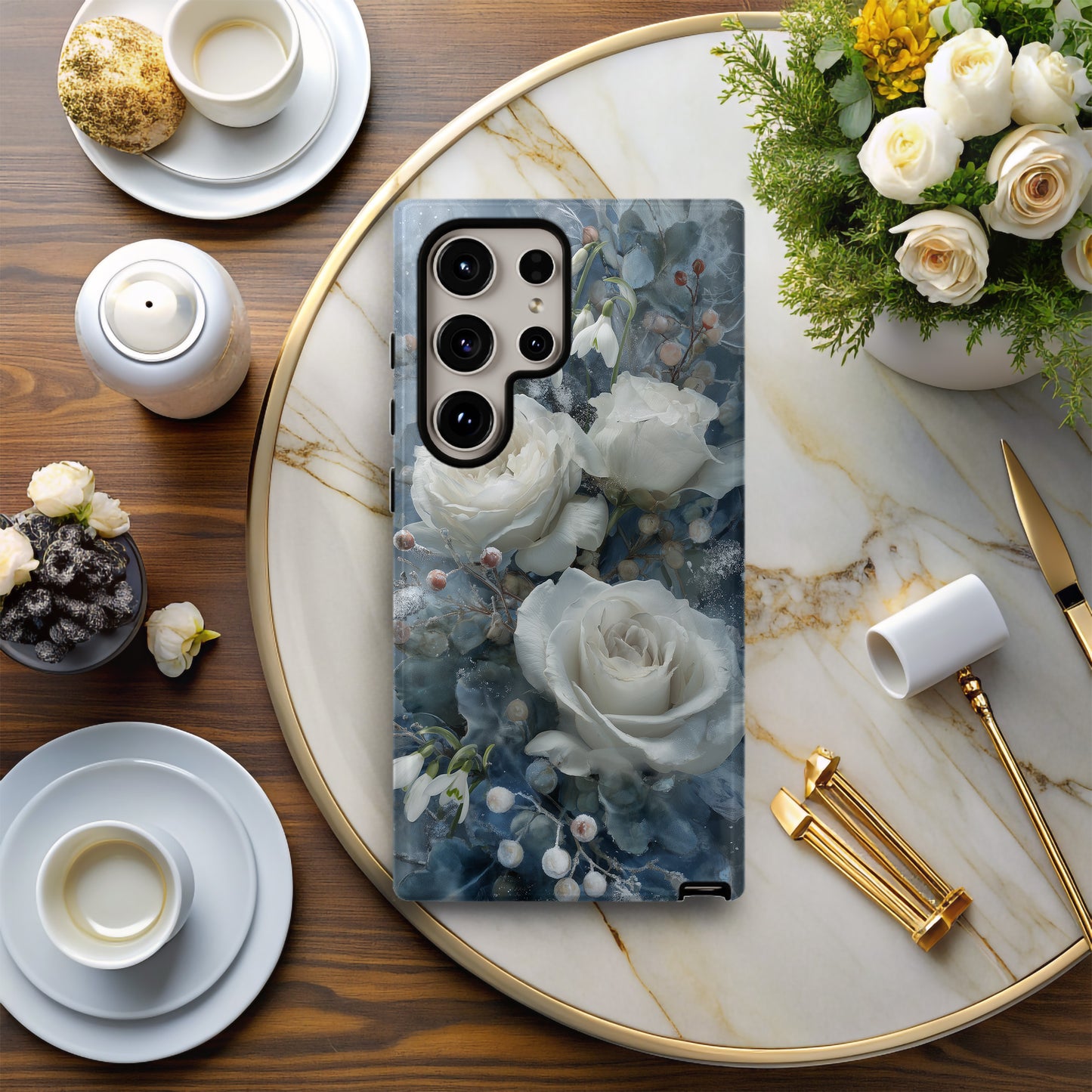 Winter Bloom Phone Case – White Roses, Snowdrops & Icy Blue Elegance