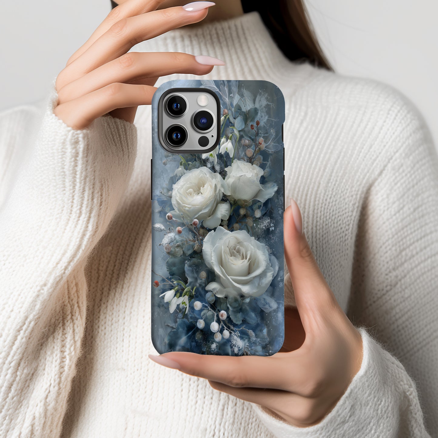 Winter Bloom Phone Case – White Roses, Snowdrops & Icy Blue Elegance