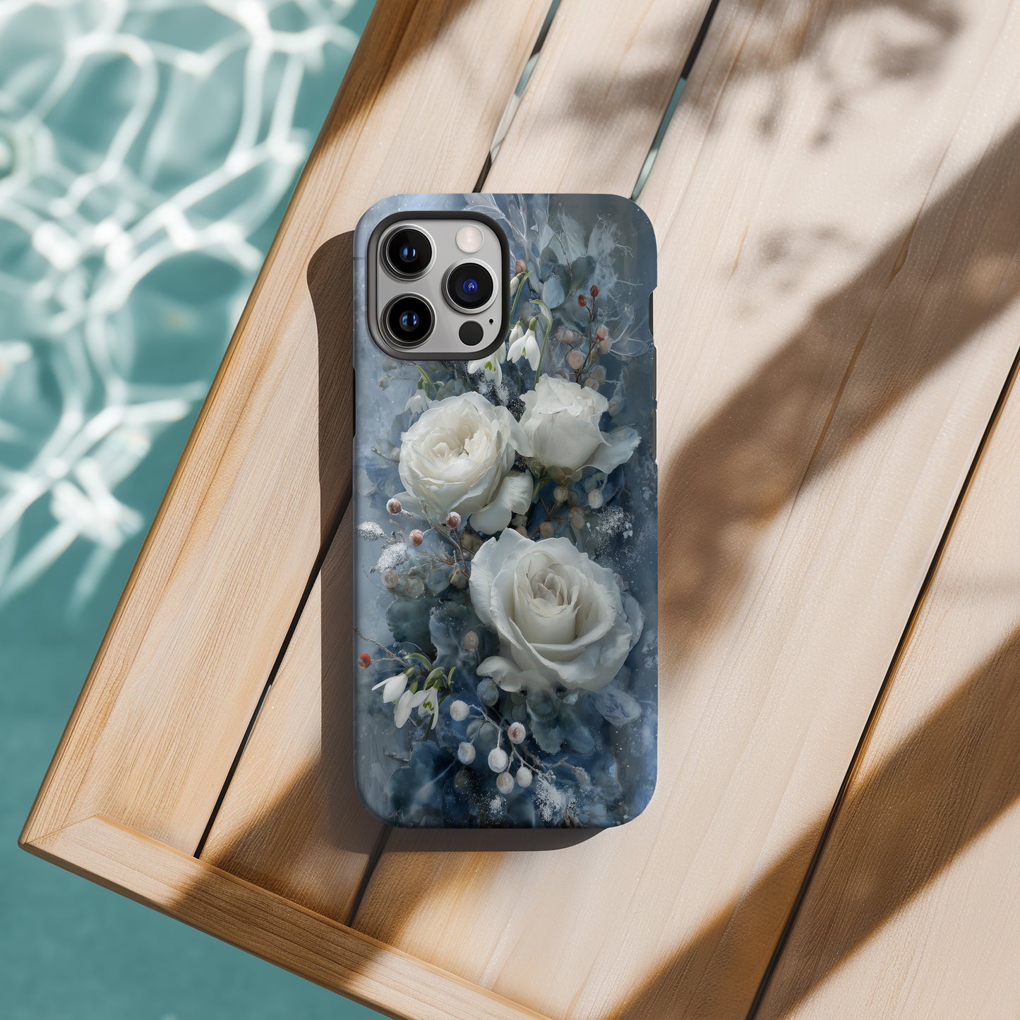 Winter Bloom Phone Case – White Roses, Snowdrops & Icy Blue Elegance