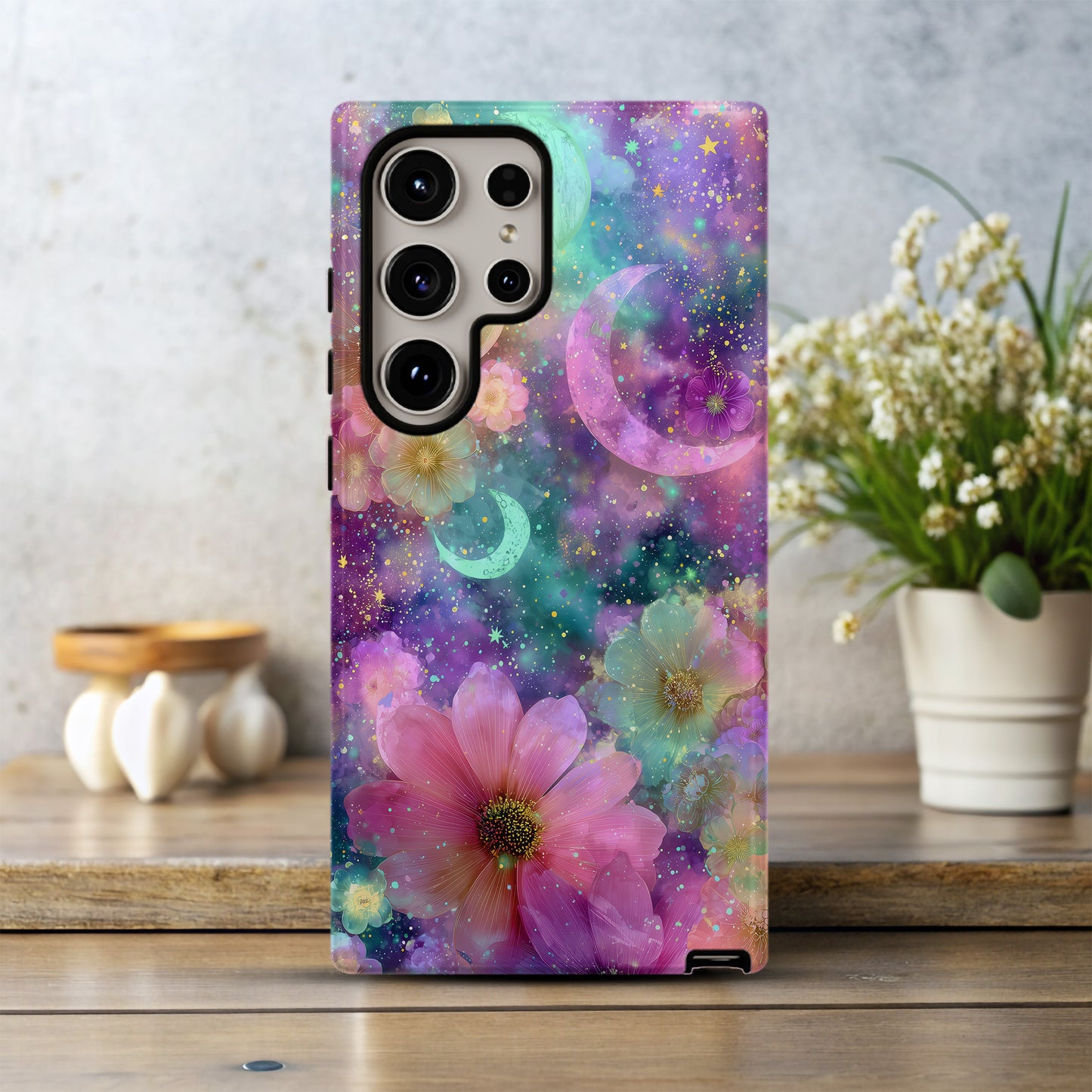 Celestial Bloom Phone Case – Pastel Flowers & Crescent Moons in Cosmic Galaxy