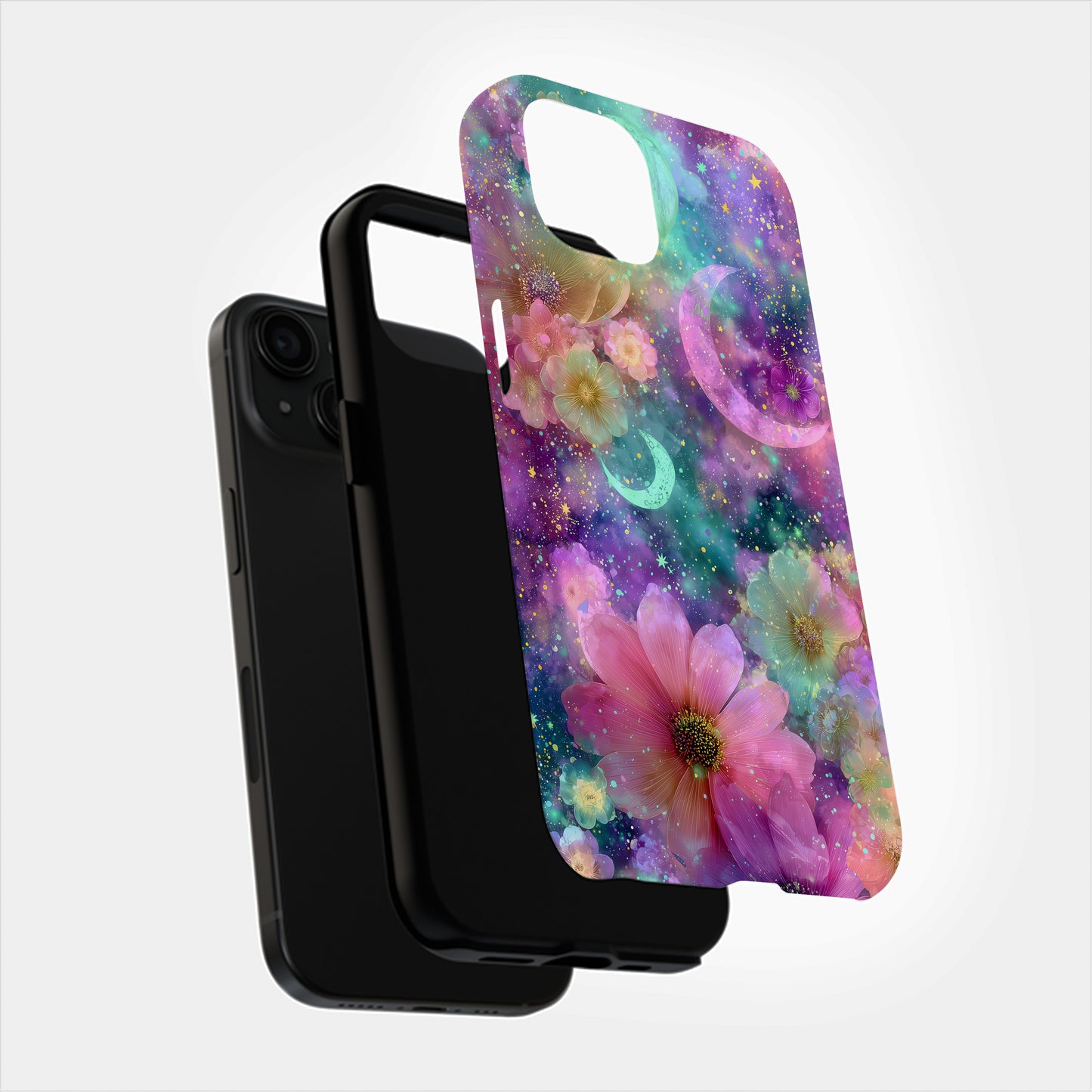 Celestial Bloom Phone Case – Pastel Flowers & Crescent Moons in Cosmic Galaxy