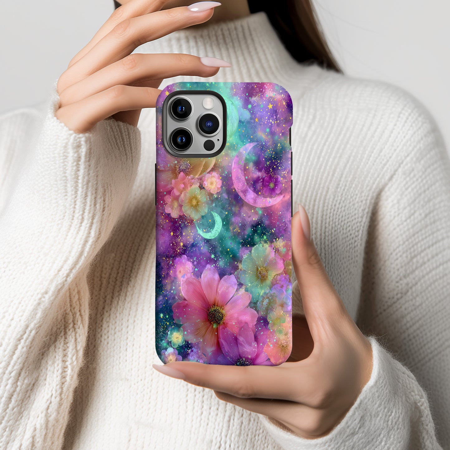 Celestial Bloom Phone Case – Pastel Flowers & Crescent Moons in Cosmic Galaxy