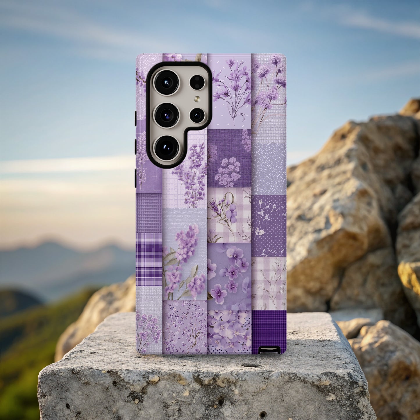 Lavender Patchwork Phone Case – Vintage-Inspired Purple Floral Quilt Design