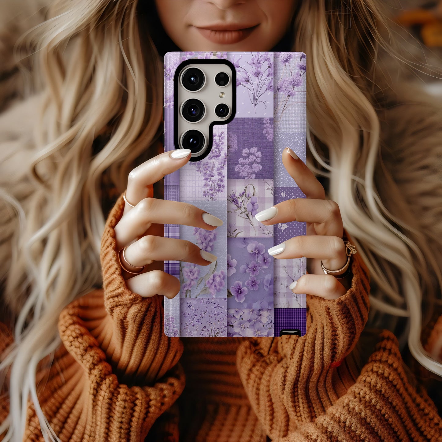 Lavender Patchwork Phone Case – Vintage-Inspired Purple Floral Quilt Design