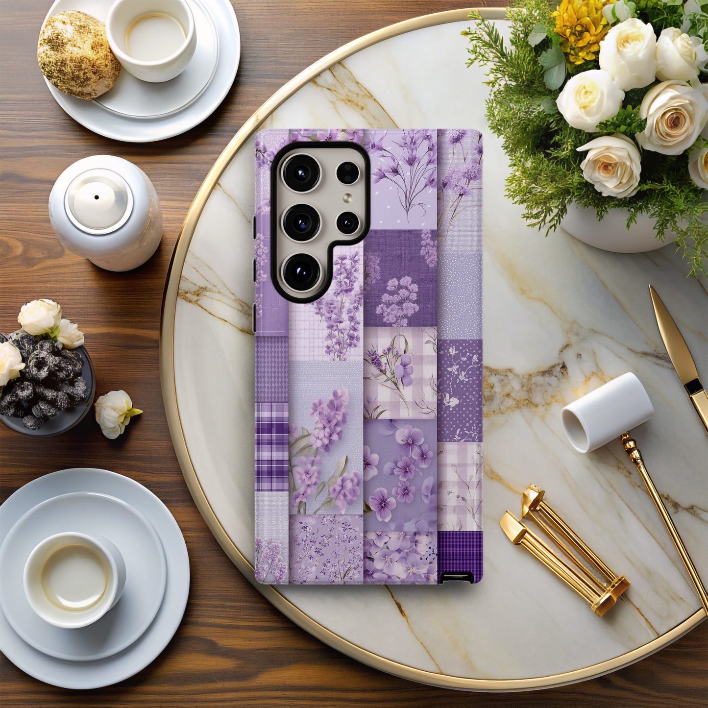 Lavender Patchwork Phone Case – Vintage-Inspired Purple Floral Quilt Design