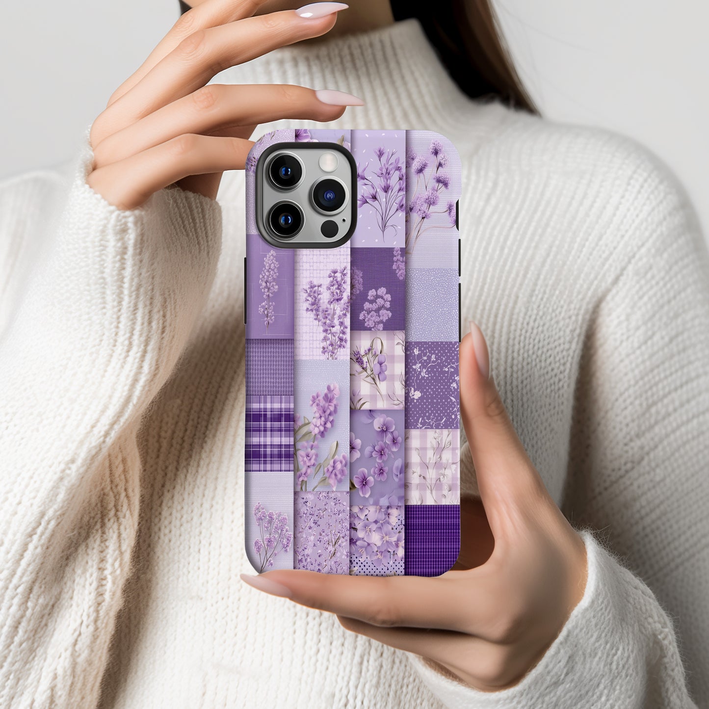 Lavender Patchwork Phone Case – Vintage-Inspired Purple Floral Quilt Design