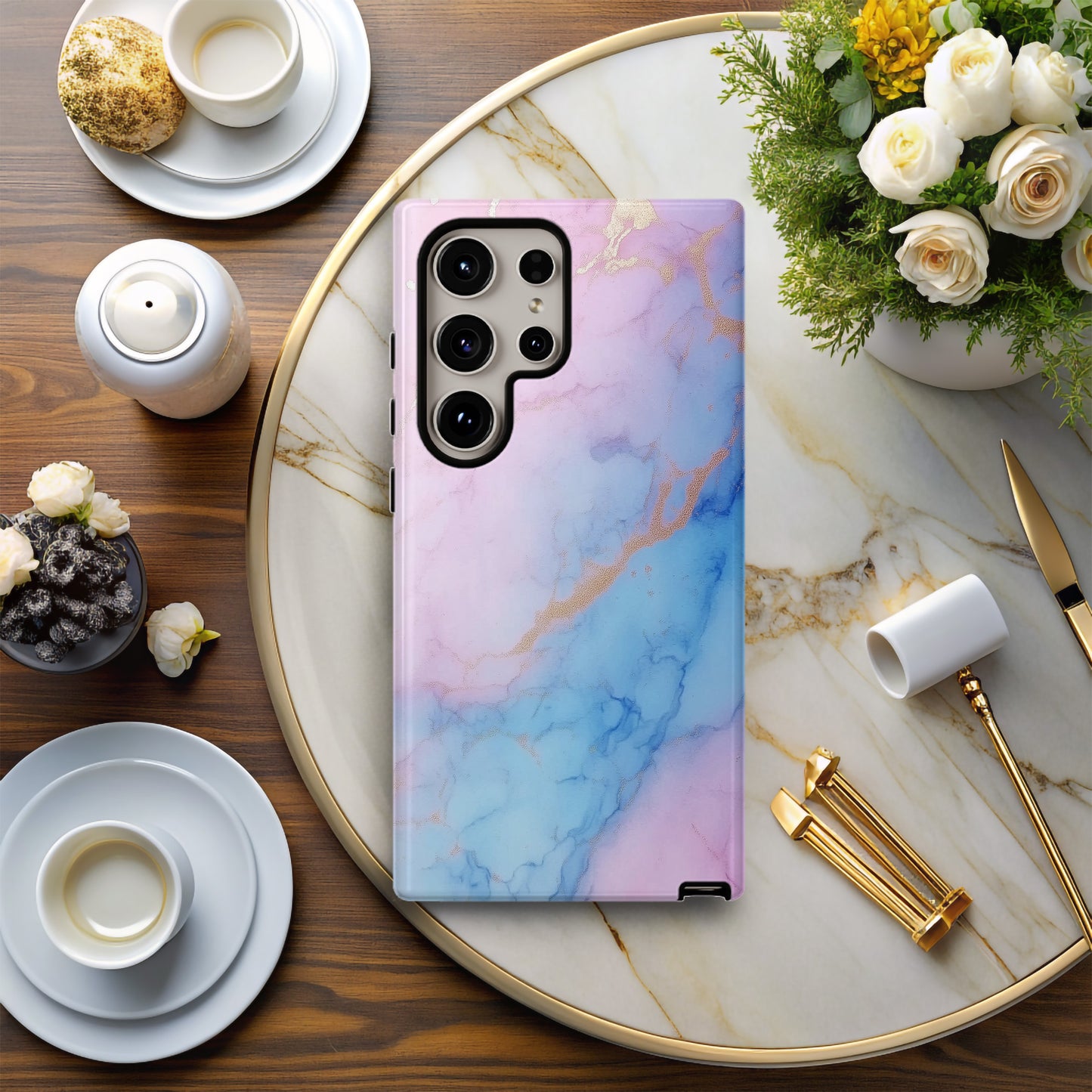 Cotton Candy Marble Phone Case – Pastel Pink, Blue & Gold Veins