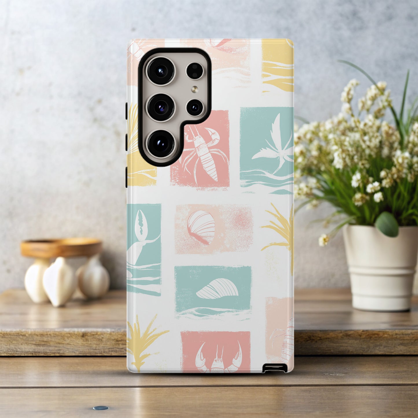 Pastel Beach Block Phone Case – Coastal Crabs, Palms & Shells