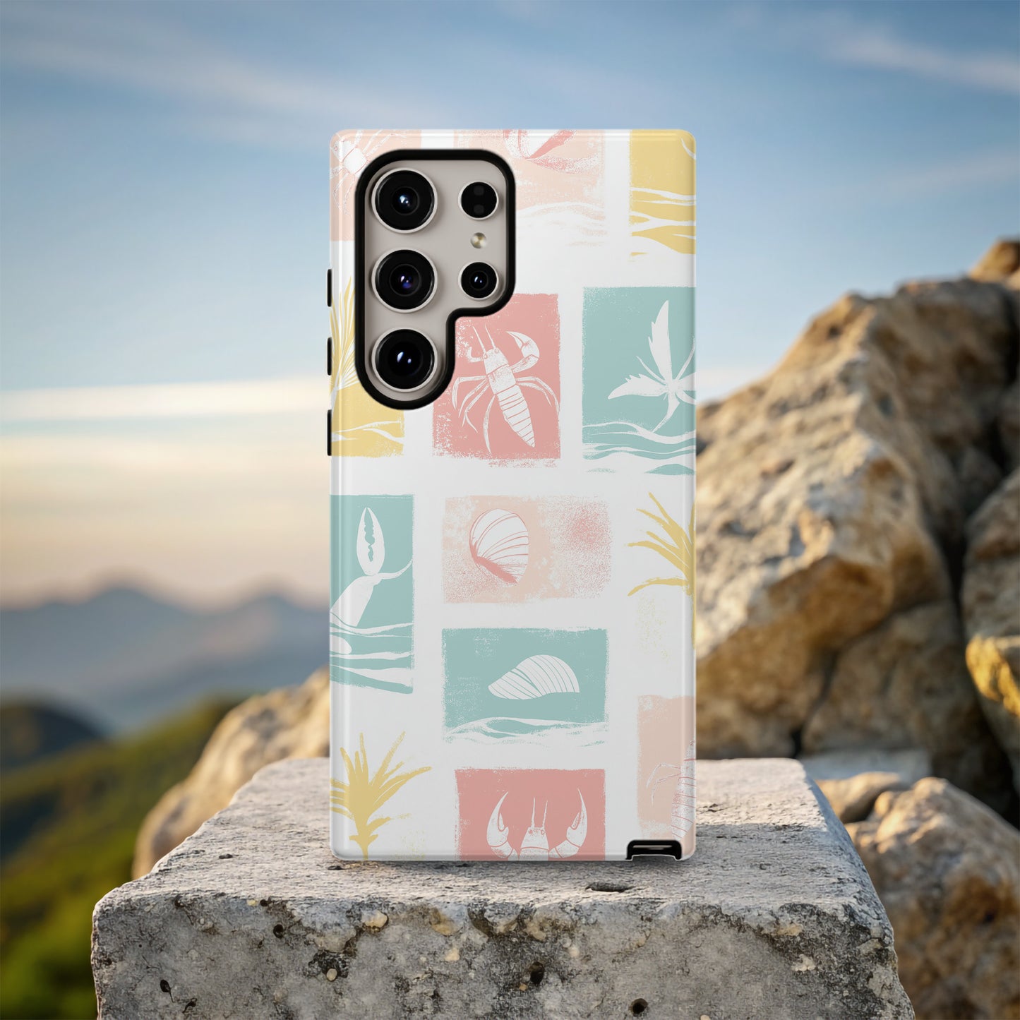 Pastel Beach Block Phone Case – Coastal Crabs, Palms & Shells