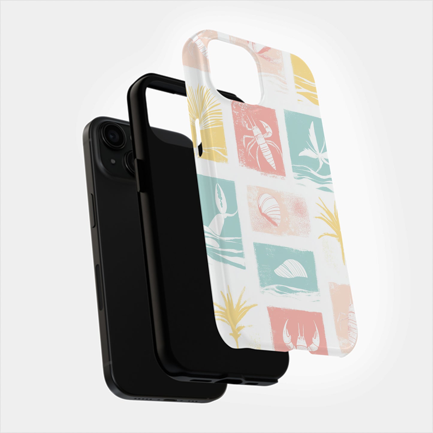 Pastel Beach Block Phone Case – Coastal Crabs, Palms & Shells