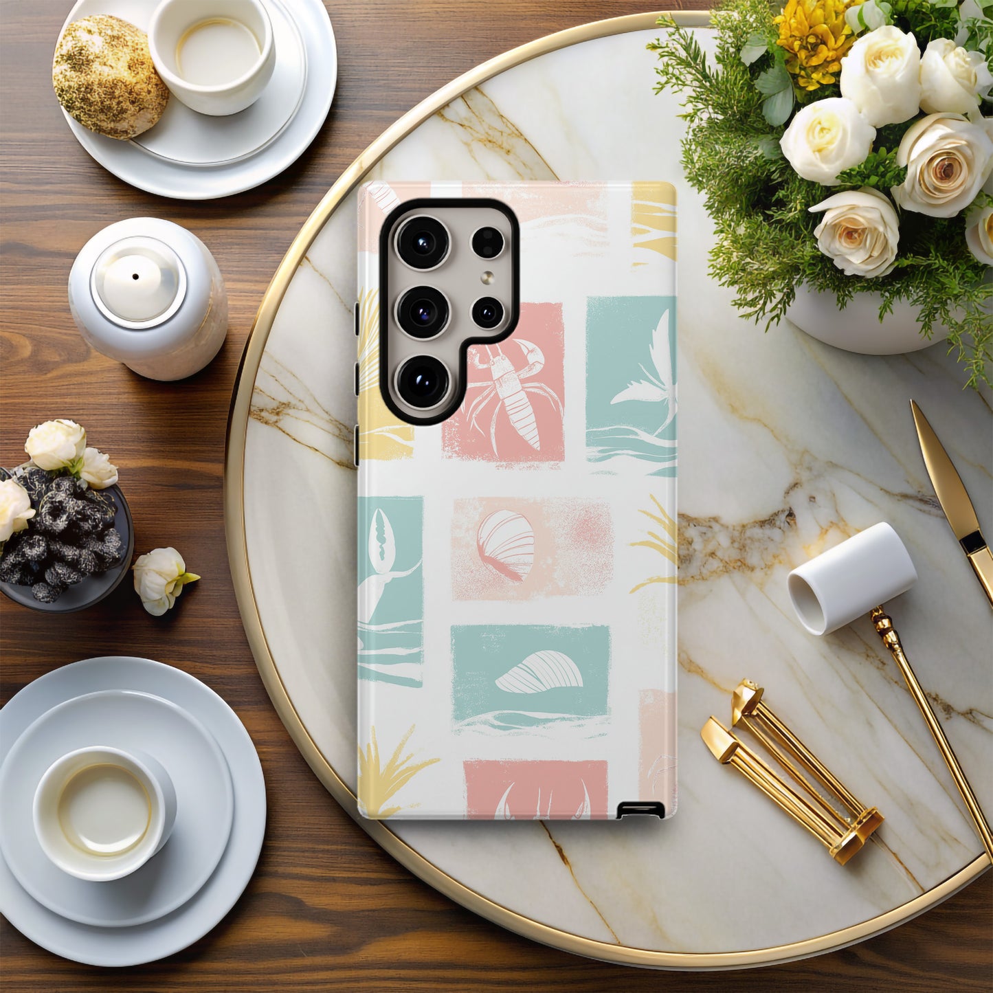 Pastel Beach Block Phone Case – Coastal Crabs, Palms & Shells