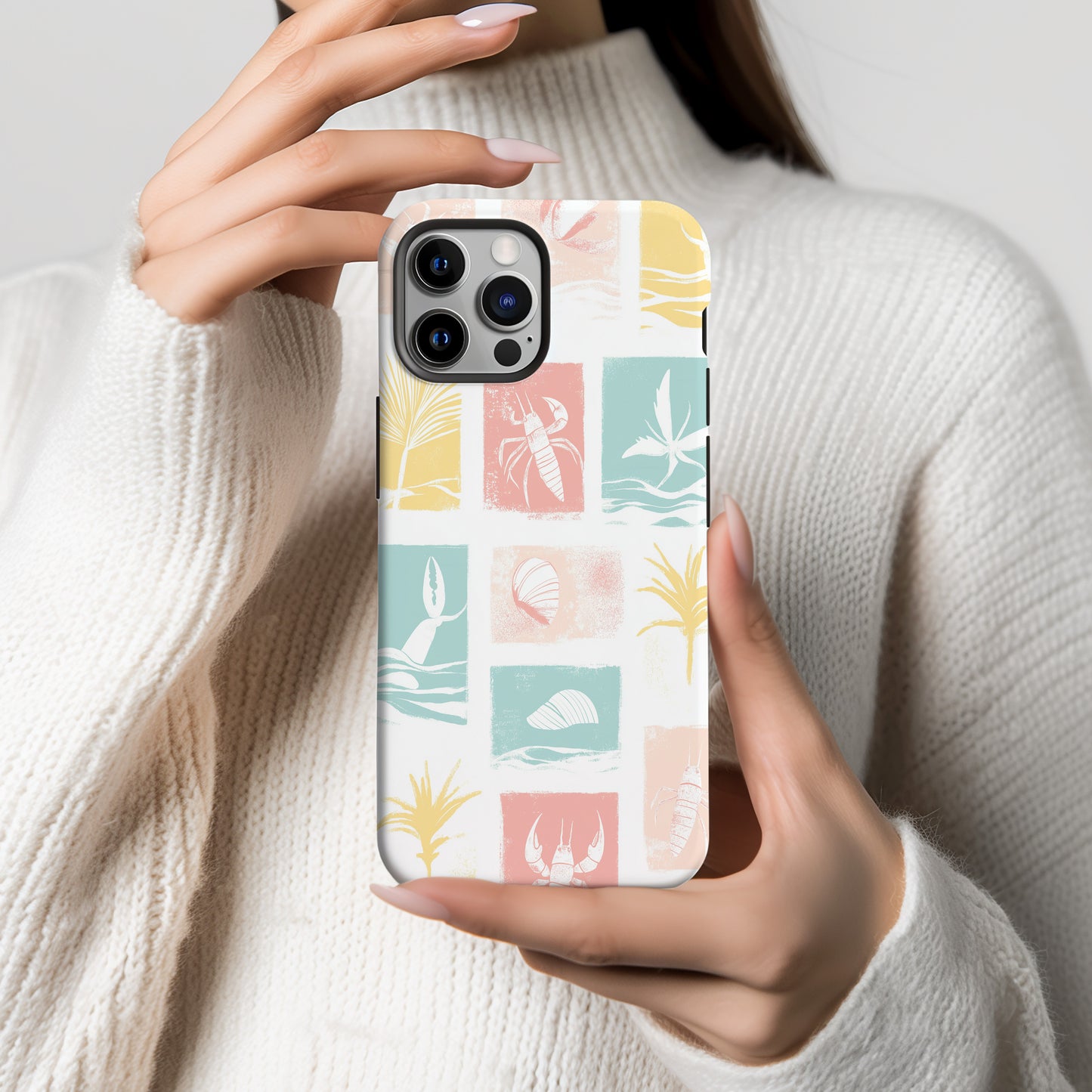 Pastel Beach Block Phone Case – Coastal Crabs, Palms & Shells