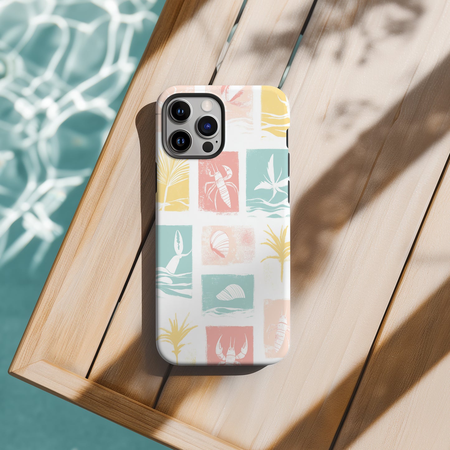 Pastel Beach Block Phone Case – Coastal Crabs, Palms & Shells