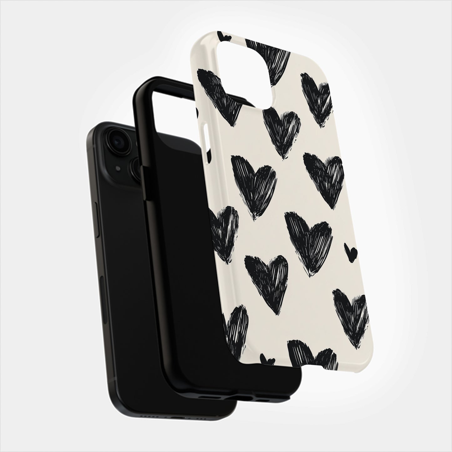 Sketchy Heart Doodle Phone Case – Black Hearts on Cream Background
