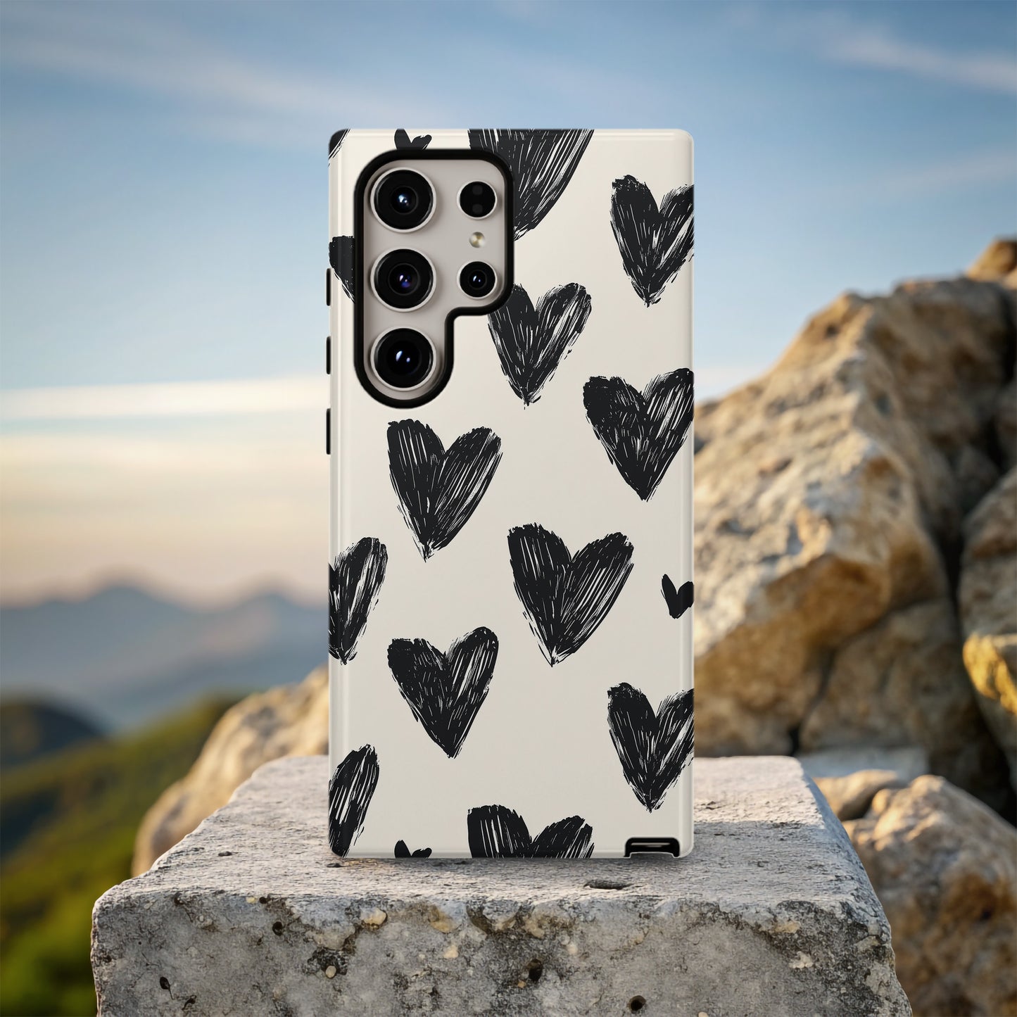Sketchy Heart Doodle Phone Case – Black Hearts on Cream Background