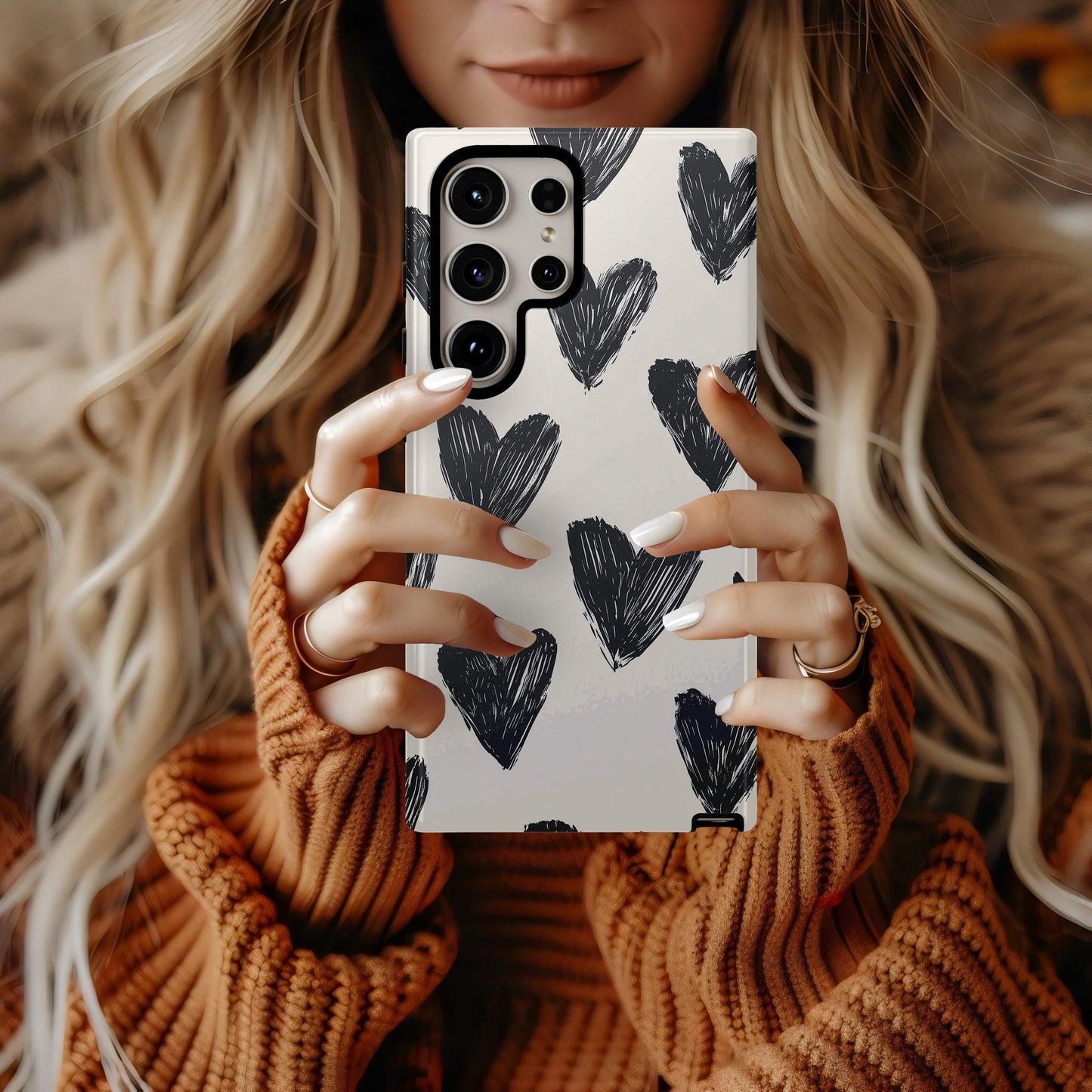 Sketchy Heart Doodle Phone Case – Black Hearts on Cream Background