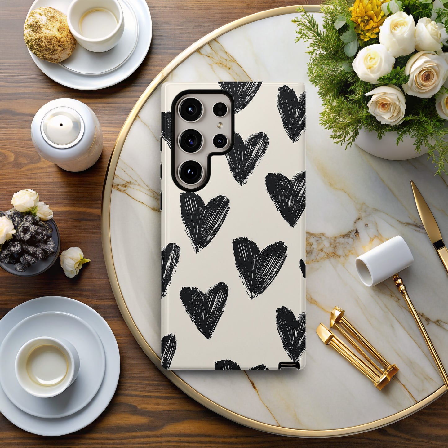 Sketchy Heart Doodle Phone Case – Black Hearts on Cream Background