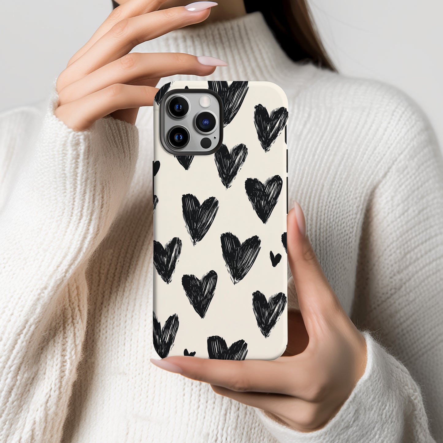 Sketchy Heart Doodle Phone Case – Black Hearts on Cream Background