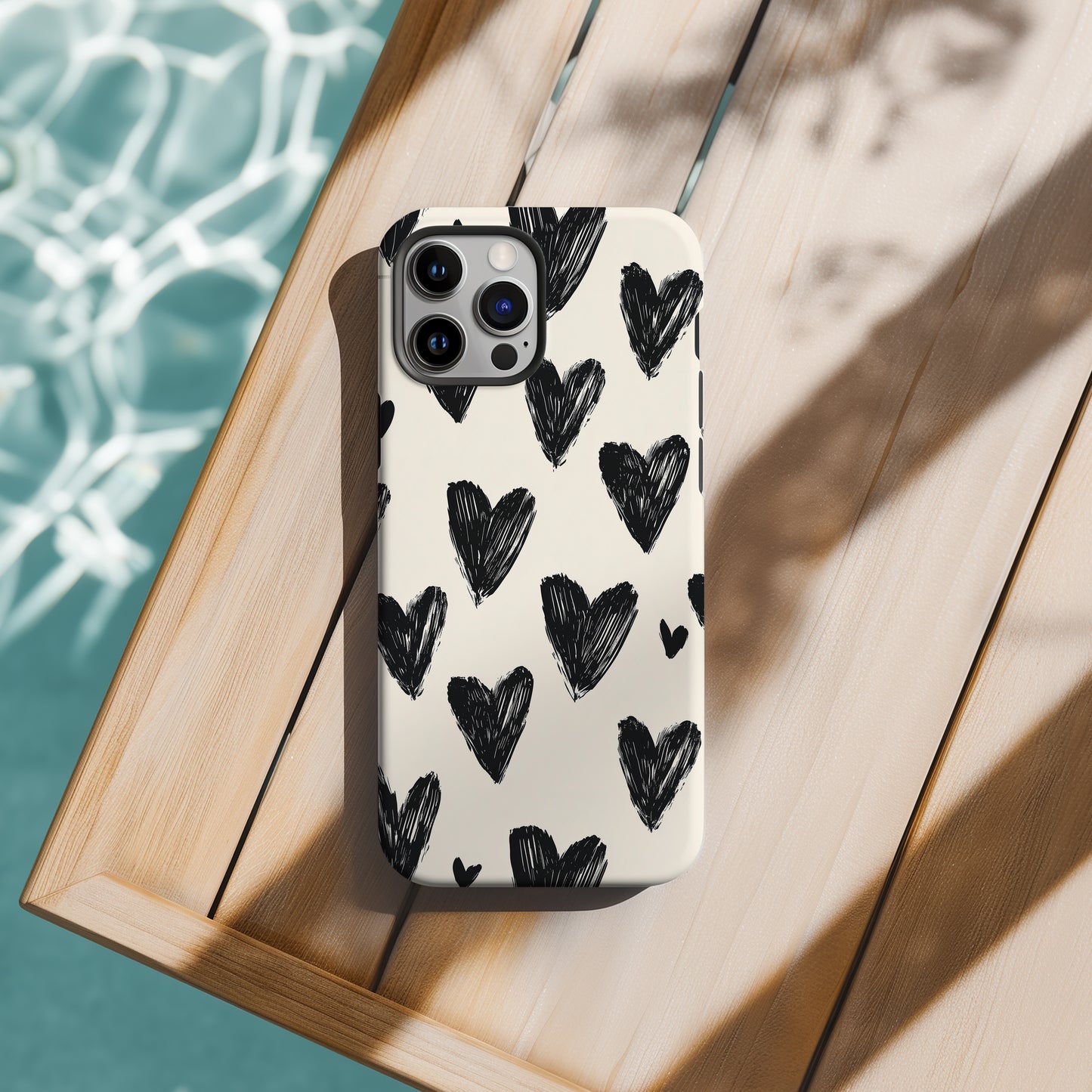 Sketchy Heart Doodle Phone Case – Black Hearts on Cream Background