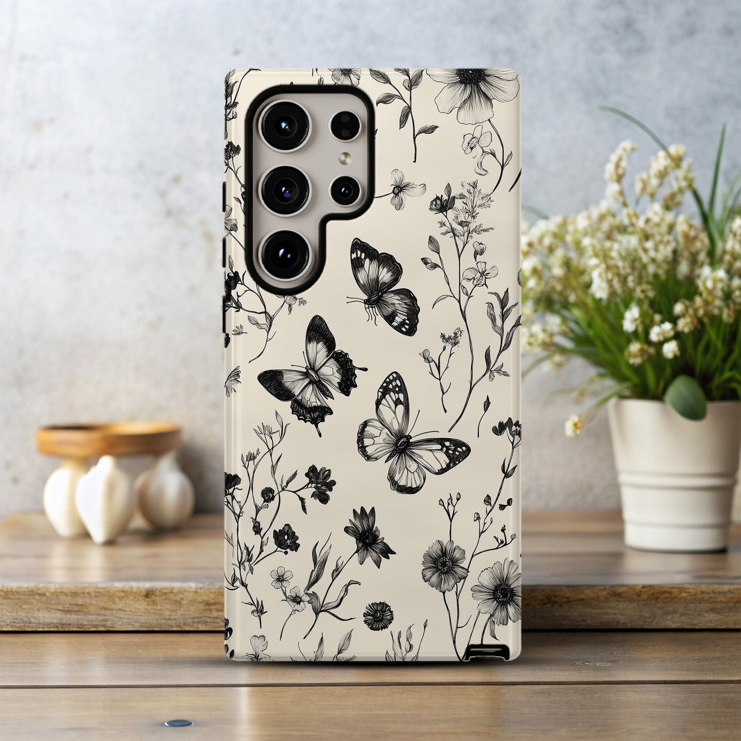 Botanical Etching Phone Case – Vintage Florals & Butterflies in Inked Detail