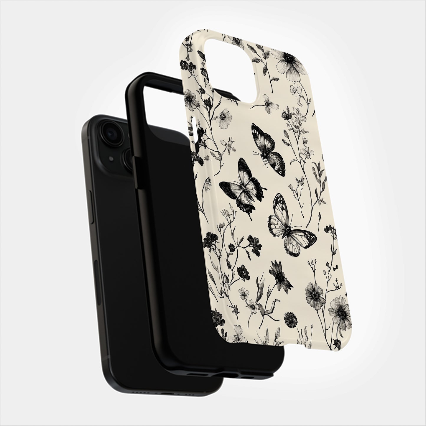 Botanical Etching Phone Case – Vintage Florals & Butterflies in Inked Detail