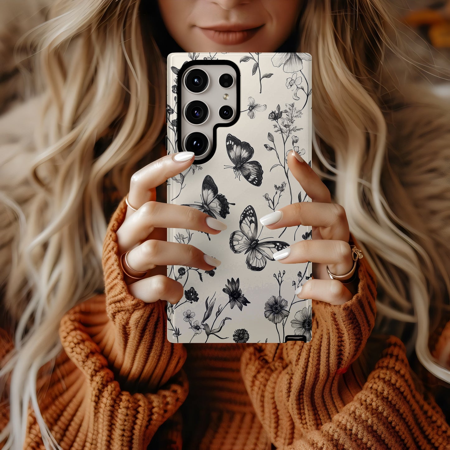 Botanical Etching Phone Case – Vintage Florals & Butterflies in Inked Detail