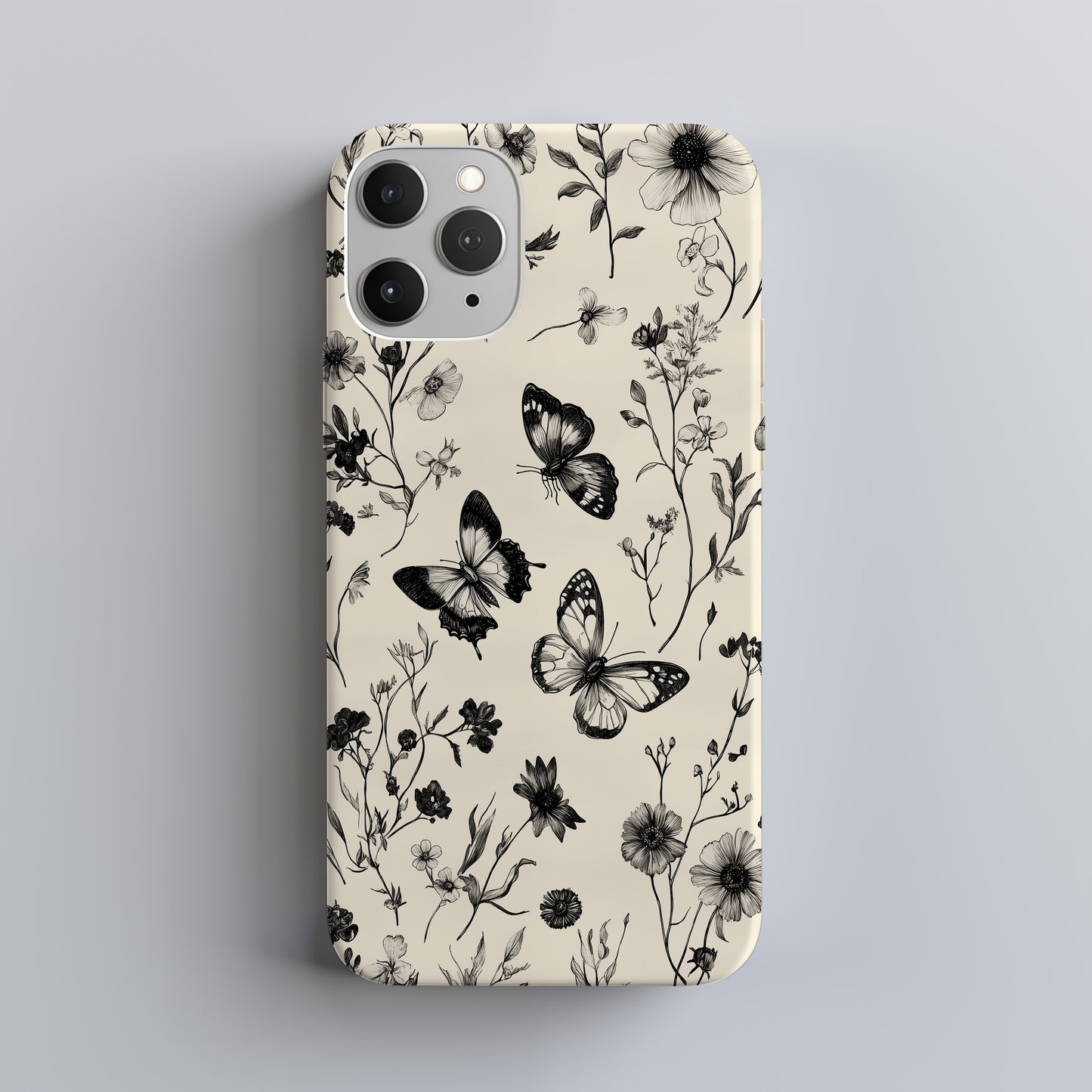 Botanical Etching Phone Case – Vintage Florals & Butterflies in Inked Detail