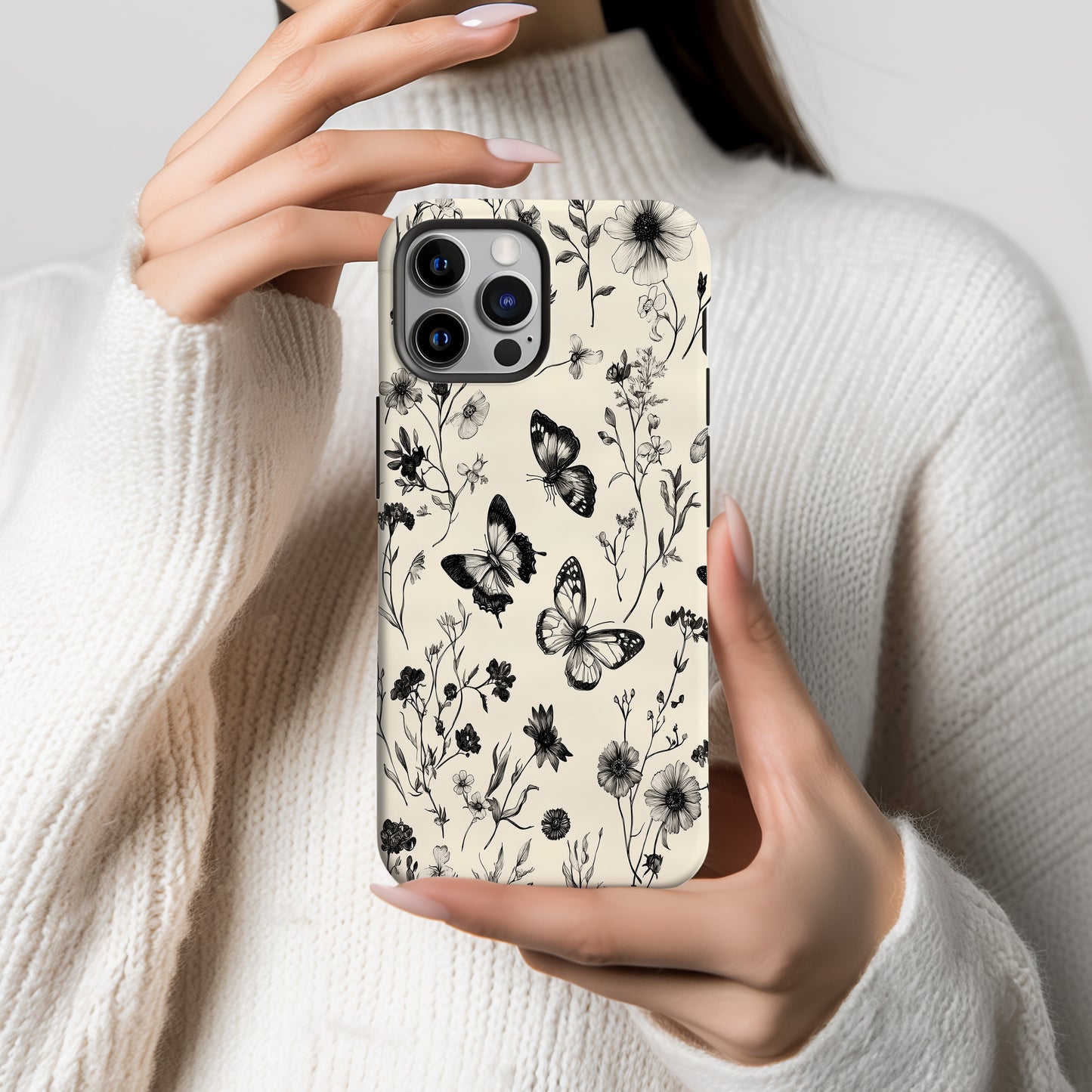 Botanical Etching Phone Case – Vintage Florals & Butterflies in Inked Detail