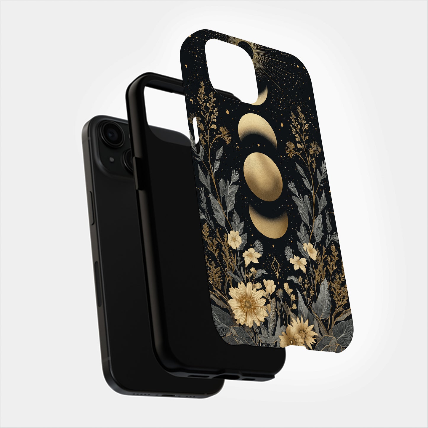 Golden Moon Phase Floral Phone Case – Celestial Boho Night Garden