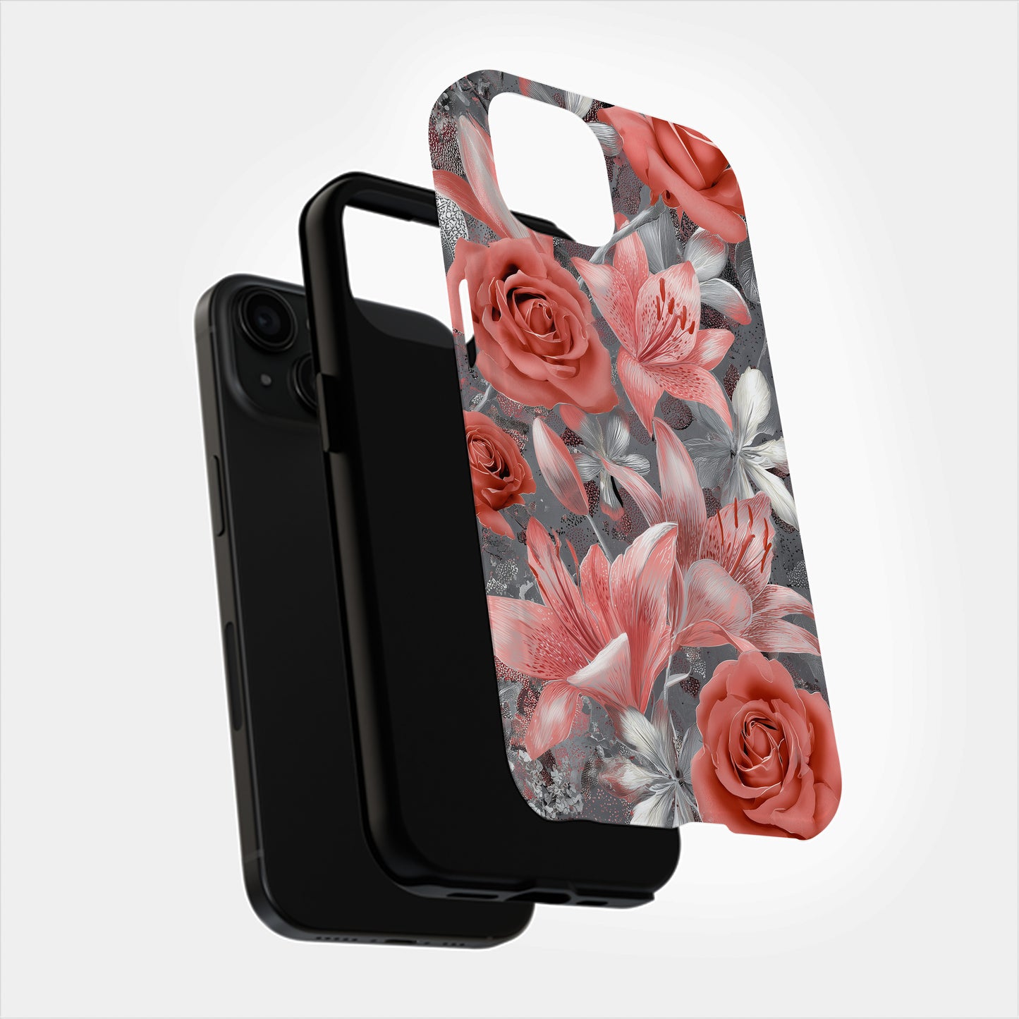 Silver Flame Elegance – Rose & Lily Metallic Floral Case