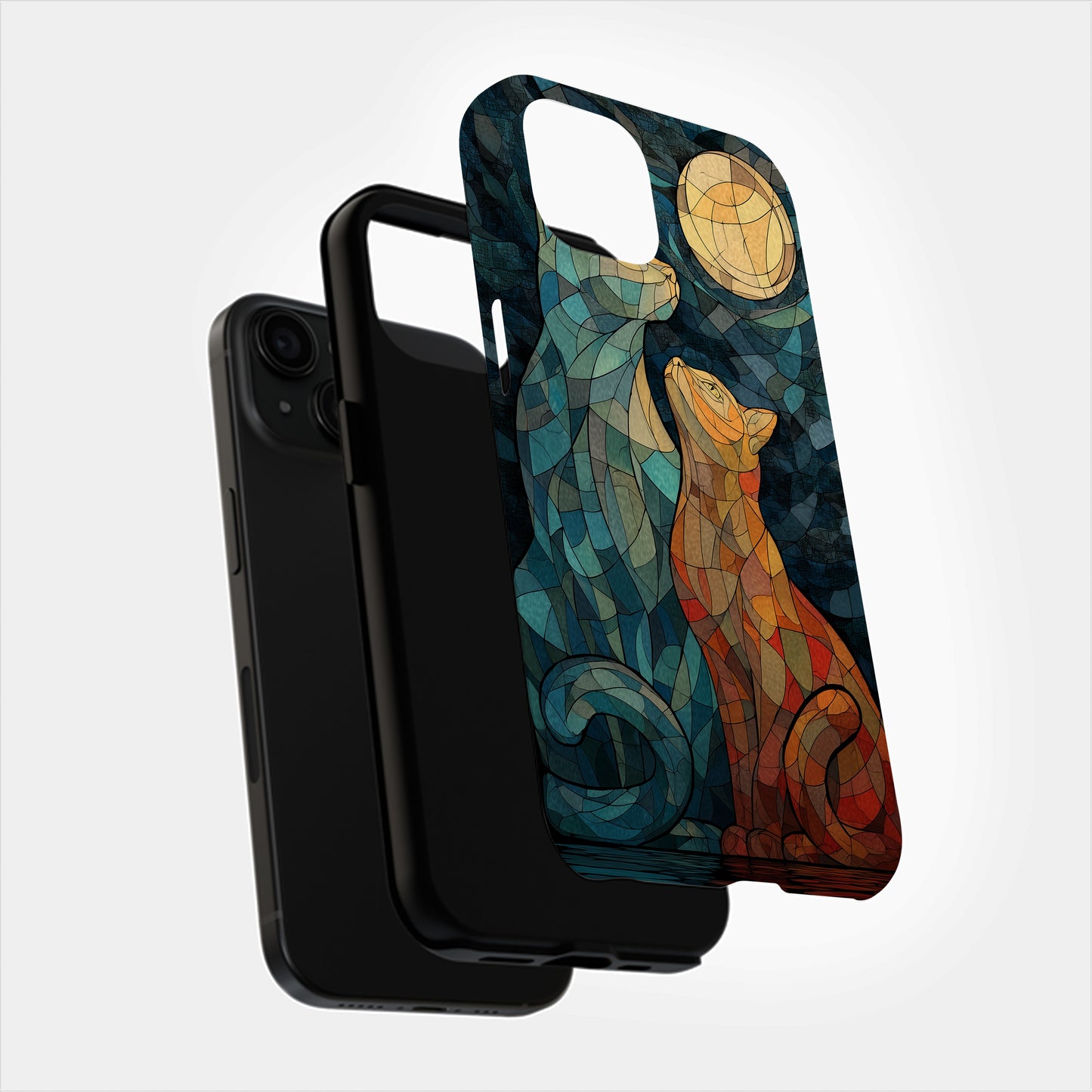 Moonlit Companions – Twin Cats in Stained Glass Splendor