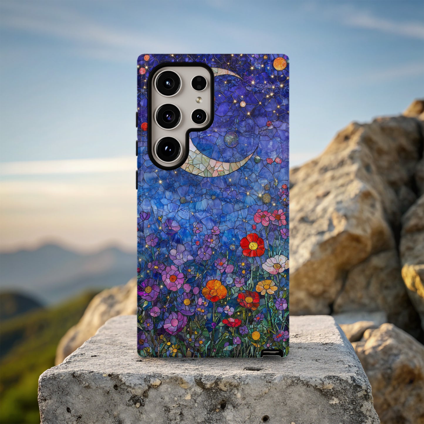 Celestial Bloom – Crescent Moon & Starlit Garden in Stained Glass