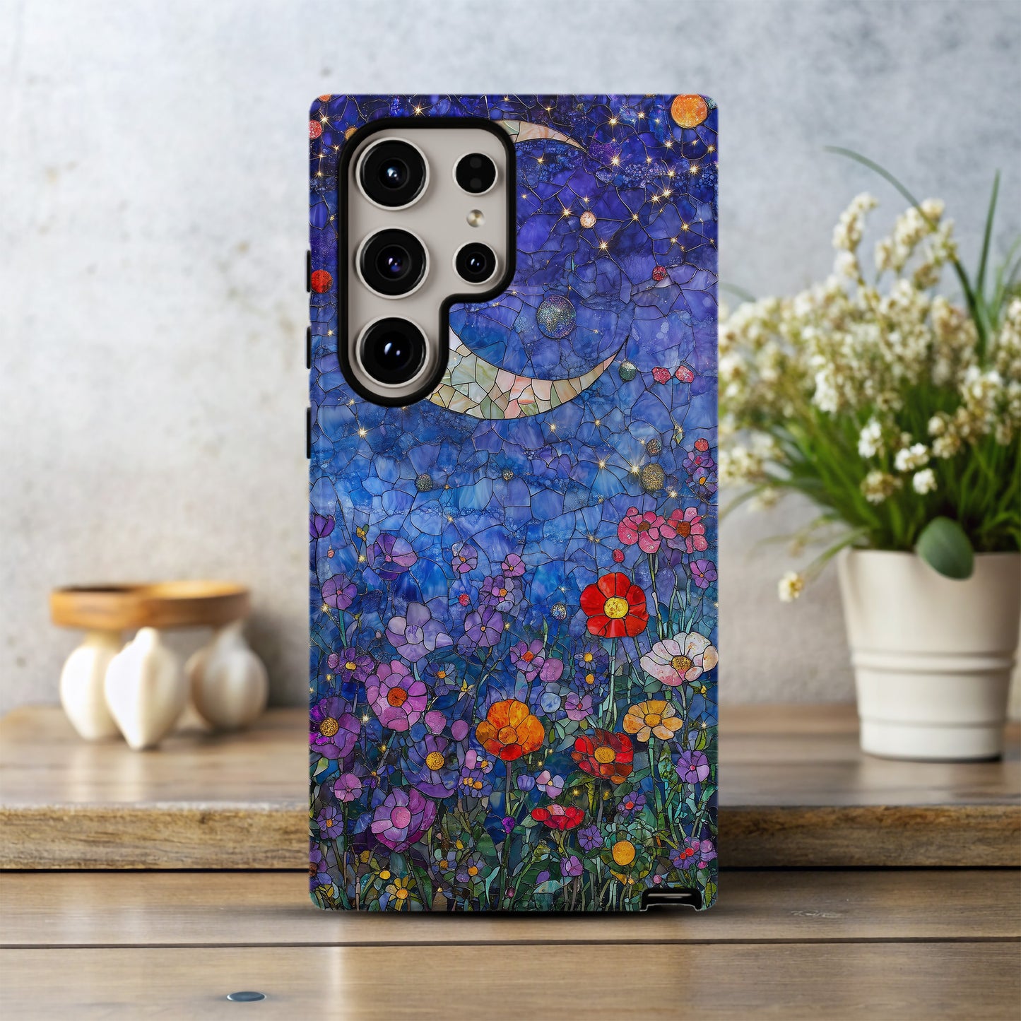 Celestial Bloom – Crescent Moon & Starlit Garden in Stained Glass