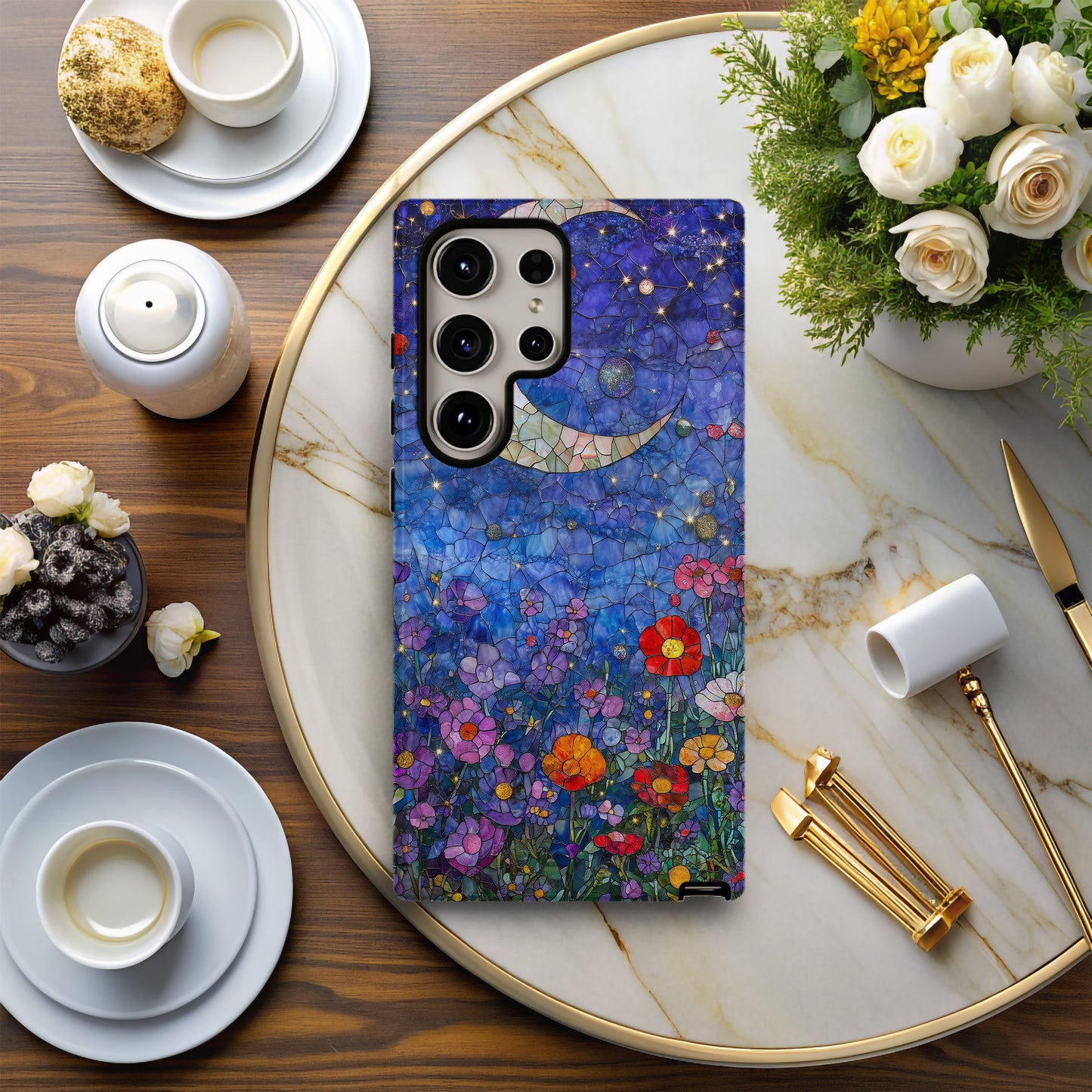 Celestial Bloom – Crescent Moon & Starlit Garden in Stained Glass