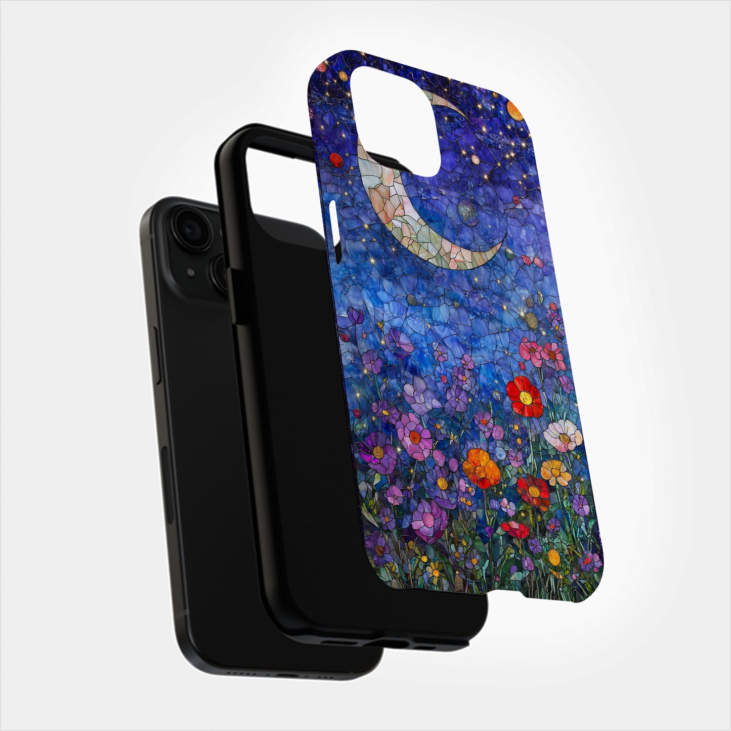 Celestial Bloom – Crescent Moon & Starlit Garden in Stained Glass